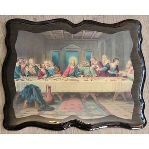 Vintage Lacquered Lithograph‎ Wood Wall Hanging of 'The Last Supper' Jesus